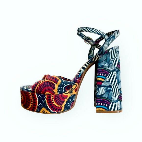 GIANNI BINI sz9 Platform Shoes Blue Red Canvas Retro Block Heel Ankle Strap Sexy - Picture 5 of 16